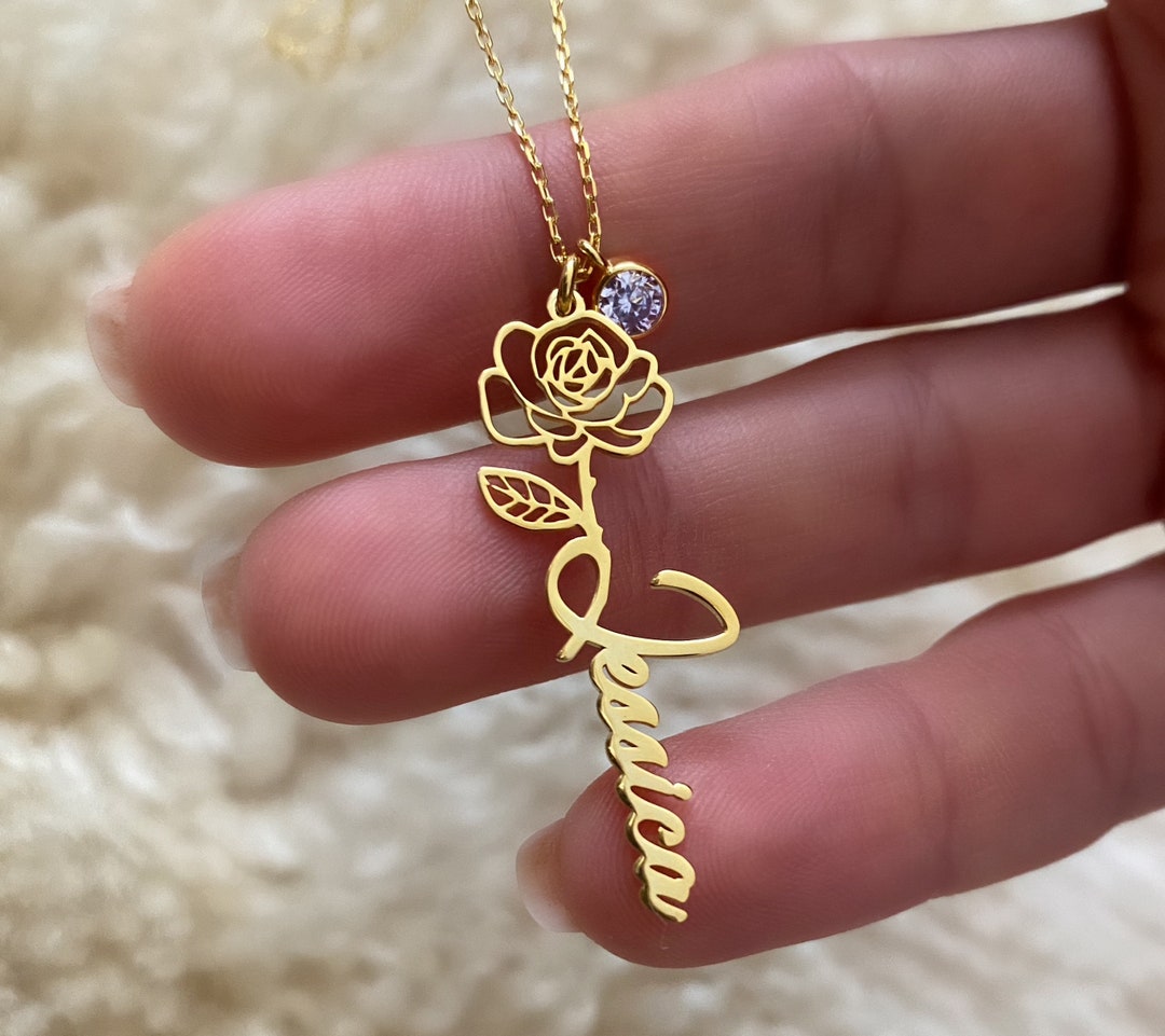 Gold Birth Flower Name Necklace: Personalized Sterling Silver