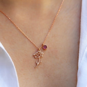 Rose Gold Birth Flower Necklace • Gold Birthstone Necklace • Sterling Silver Custom Necklace  • Personalized Flower Necklace • Gift For Her