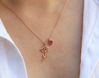 Rose Gold Birth Flower Necklace • Gold Birthstone Necklace • Sterling Silver Custom Necklace  • Personalized Flower Necklace • Gift For Her