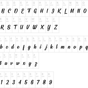 May include: A font chart showing the uppercase and lowercase letters of the alphabet, as well as numbers 0-9. The font is a handwritten, cursive style with a bold, black stroke.