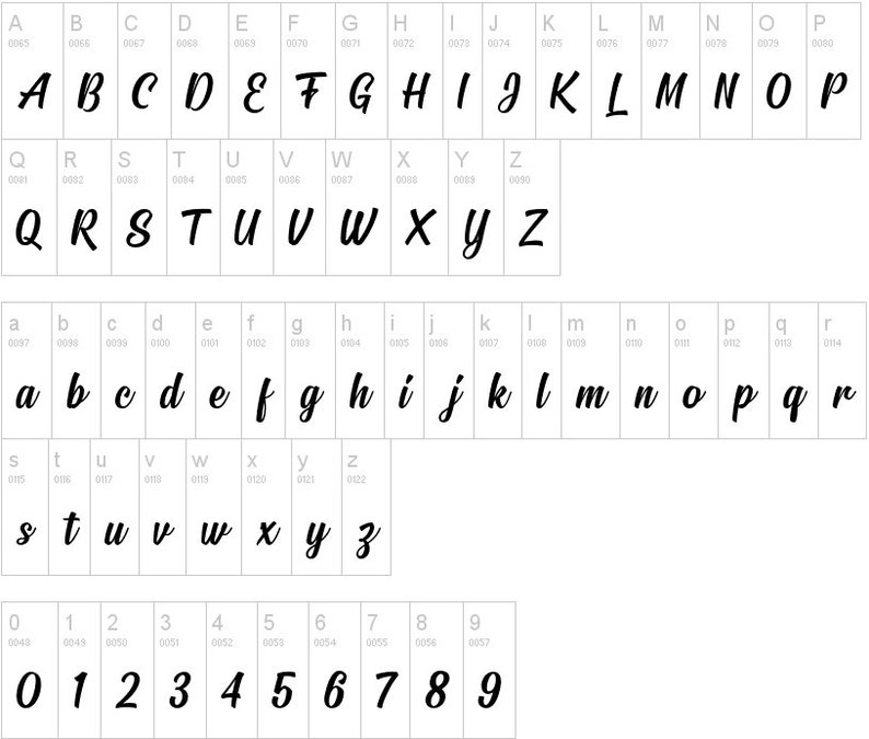 May include: A font chart showing the uppercase and lowercase letters of the alphabet, as well as numbers 0-9. The font is a handwritten, cursive style with a bold, black stroke.