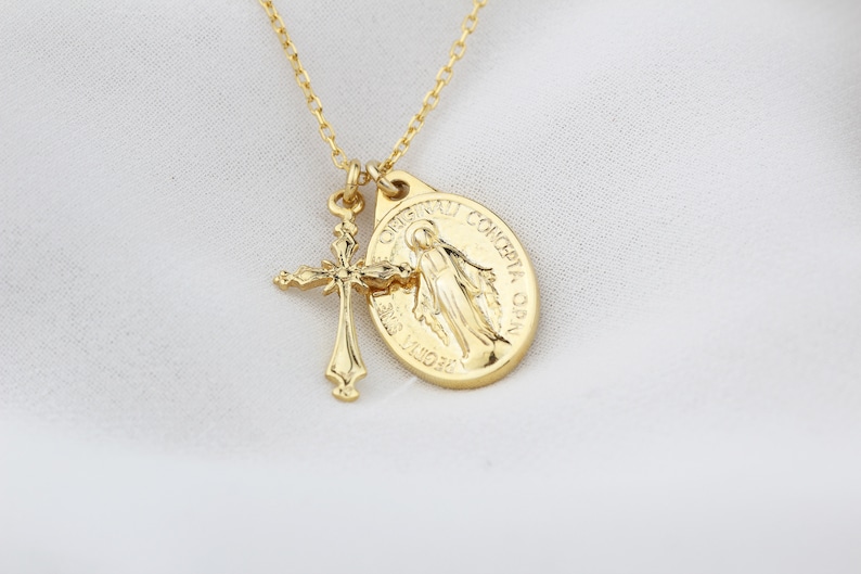 Virgin Mary and Jesus Necklace Silver Jesus Necklace Gold Christian Necklace Dainty Cross Necklace Delicate Sterling Cross Necklace image 2