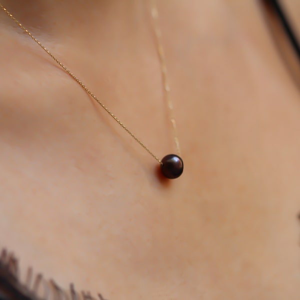 Collar de perlas negras • Collar de perlas de oro de 14k • Regalo de bodas • Collar de perlas de oro sólido de 14k • Collar de perlas de Tahití • Regalo de dama de honor