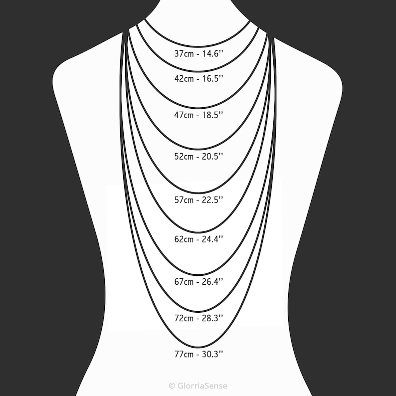 K&ouml;nnte beinhalten: Ein Diagramm, das Halskettenl&auml;ngen mit Messungen in Zentimetern und Zoll zeigt. Die L&auml;ngen reichen von 37 cm (14,6") bis 77 cm (30,3"), dargestellt auf einer Silhouette. Der Text "GlorriaSense" befindet sich unten.