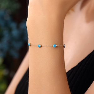 14k Solid Gold Turquoise Bracelet • Good Luck Charm • Gold Turquoise Bracelet • Row of Turquoise Stone Bracelet • Dainty Gold Bracelet