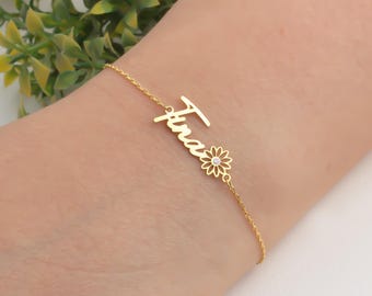 18K Gold Birth Flower Bracelet with Personalized Name : Dainty Sterling Silver Floral Jewelry