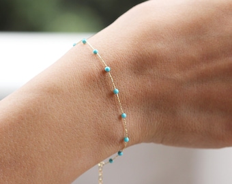 14k Gold Turquoise Stone Bracelet • Row Turquoise Stone Bracelet • Turquoise Gold Stone Bracelet • Dainty Turquoise Stone Bracelet