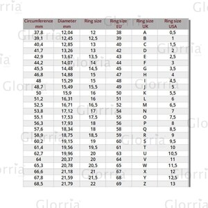 Puede incluir: Una tabla de conversi&oacute;n de tallas de anillos con medidas en mil&iacute;metros, tallas de la UE, Reino Unido y EE. UU. La tabla incluye medidas de circunferencia y di&aacute;metro, con tallas de EE. UU. de 0,5 a 13.