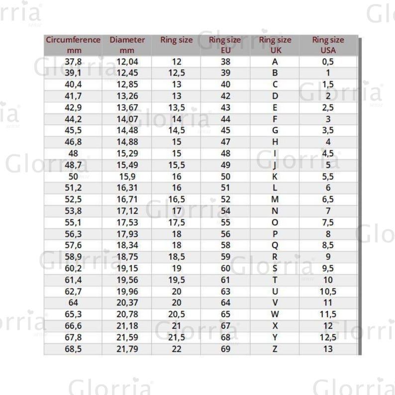 Puede incluir: Una tabla de conversi&oacute;n de tallas de anillos con medidas en mil&iacute;metros, tallas de la UE, Reino Unido y EE. UU. La tabla incluye medidas de circunferencia y di&aacute;metro, con tallas de EE. UU. de 0,5 a 13.