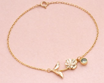 18K Gold Personalized Birth Flower Bracelet with Birthstone Charm: Sterling Silver Jewelry