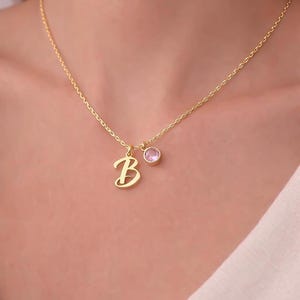 18K Gold Birthstone Initial Necklace: Personalized Letter Pendant