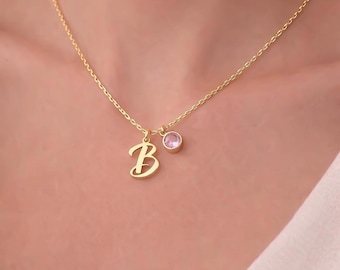 18K Gold Birthstone Initial Necklace: Personalized Letter Pendant