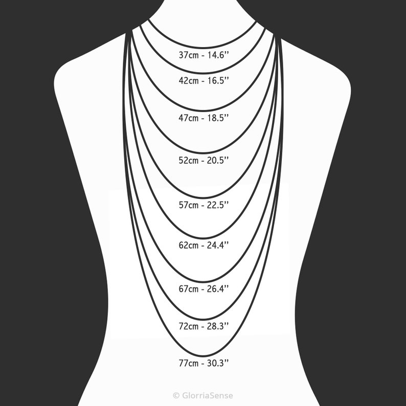 May include: A diagram showing different necklace lengths in inches and centimetres. The lengths range from 14.6 inches to 30.3 inches, or 37 centimetres to 77 centimetres.