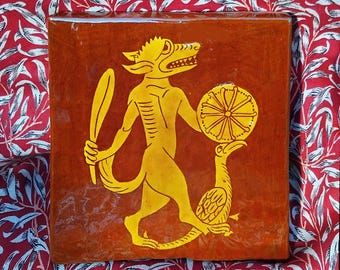 Werewolf, from a  medieval manuscript, hand made tile