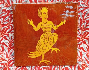 Bird man, from a  medieval manuscript, hand made tile