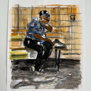 Original Painting on Paper 14&quot; x 11&quot;  Portrait of a woman reading newspaper  &quot;Waiting for the Wash&quot;