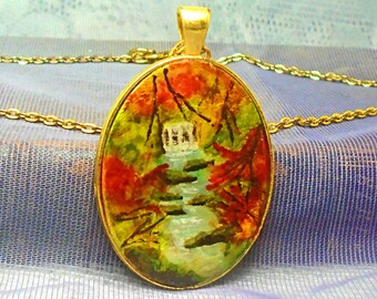 Autumn Glory hand-painted river scene pendant necklace,  Fall jewellery pendant, Artisan jewellery