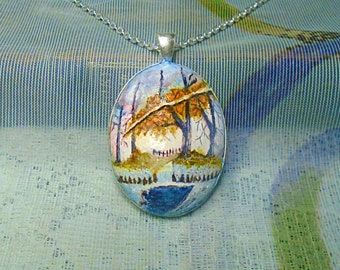 Winter scene hand painted pendant necklace, handmade polymer clay pendant