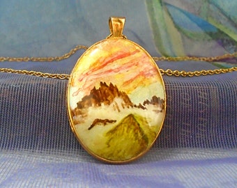 Mysterious Peaks watercolour landscape jewellery pendant, Resin and gold pendant necklace