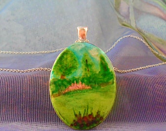 English Garden hand-painted alcohol ink pendant necklace, Nature scene jewellery, Floral jewellery