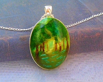 Spring necklace, Bluebell woods scene jewelry, oval necklace, green blue necklace, oval nature pendant, anniversary birthday gift for wife