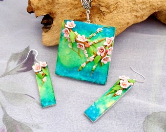 Apple blossom cherry blossom earring and pendant necklace polymer clay jewelry, Spring and summer pendant and drop earrings set, handmade