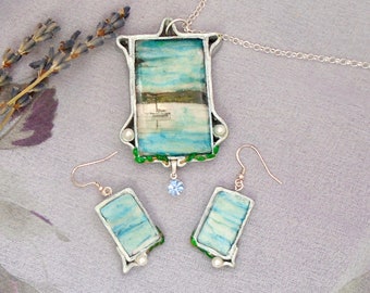 Tranquility Art Nouveau hand-painted Lake Scene Jewellery Set,  Sterling silver pendant and dangle earring jewellery set