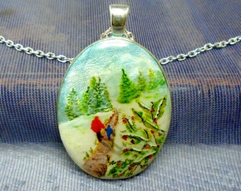 Precious Memories hand-painted alcohol ink pendant necklace, Winter scene vignette minature silver pendant,