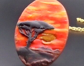 Maasai Mara Sunrise polymer clay pendant, African necklace, handmade oval pendant, art jewellery, world jewelry, gift for mum wife daughter