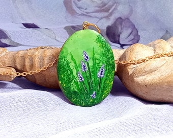 Oval Lavender hand-painted pendant necklace.