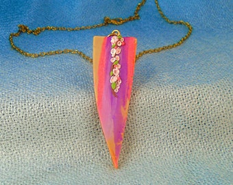 Lilac and pink Blossom Pendant, Summer flower triangular necklace, Bright vibrant spring & summer jewelry