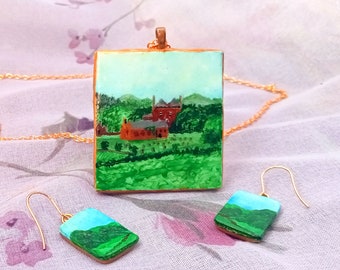 Hand-painted pastoral landscape jewellery set, Acrylic square pendant and earrings, Polymer clay jewelry, Church and Castle scene