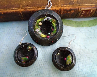 Nebula pendant and earrings set,  Cool galaxy space earrings and necklace, black polymer clay modern universe jewelry