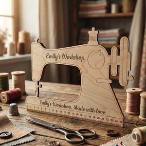 May include: A wooden sewing machine-shaped decoration with the text "Emily's Workshop. Made with love." A ruler is etched along the bottom. Spools of thread, scissors, and buttons are arranged on a wooden surface.