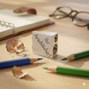 May include: A silver pencil sharpener with the text "Ihr Arschlöcher!" is next to a blue and green pencil. The sharpener has two holes for sharpening pencils. Pencil shavings and a notebook are also visible.
