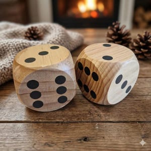 May include: Two large wooden dice with black dots, resting on a wooden surface. The dice are light brown with visible wood grain. The background includes a cozy scene with a fireplace, pine cones, and a knitted blanket.