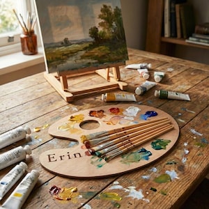 Puede incluir: Una paleta de artista de madera con el nombre "Erin" grabado, rodeada de tubos de pintura y pinceles. Un caballete sostiene una pintura de paisaje. La escena está ambientada en una mesa de madera rústica, con una ventana y libros al fondo.
