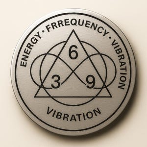 Peut inclure: Un pendentif circulaire argenté avec du texte noir et des motifs géométriques. Le texte "ENERGY • FREQUENCY • VIBRATION" entoure le bord. À l'intérieur, un triangle et des cercles entrecroisés présentent les chiffres 3, 6 et 9.