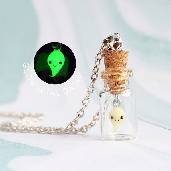 Glow in the Dark Ghost in a Bottle Necklace , Spooky Halloween Jewelry , Cute Kawaii Ghost