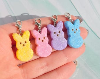 Glitter Easter Bunny Charm, Handmade Polymer Clay Marshmallow