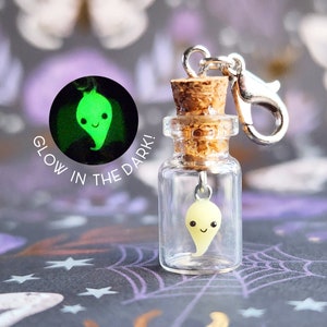 Glow in the Dark Ghost in a Bottle Charm , Mini Spooky Halloween Charm , Kawaii Ghost