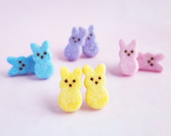 Mini Glitter Bunny Stud Earrings , Easter Basket Peep Jewelry , Marshmallow Handmade