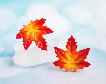 Autumn Maple Leaf Stud Earrings , Handmade Polymer Clay