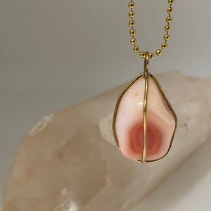 Unique Freeform Pink Agate Pendant set in Brass on Long Ball Chain, Pink Agate Pendant, hand made fair trade  Brass Pendant