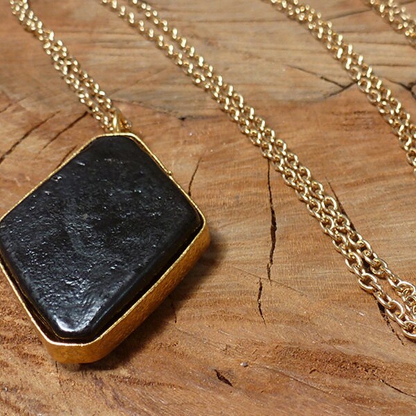 Diamond Shaped Recycled Glass Pendant on Long Gold Plated Chain