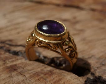 Cabochon Amethyst Signet Style Gold Ring/signet cabochon  ring amethyst ,fair trade amethyst signet ring , Brass Gemstone purple ring