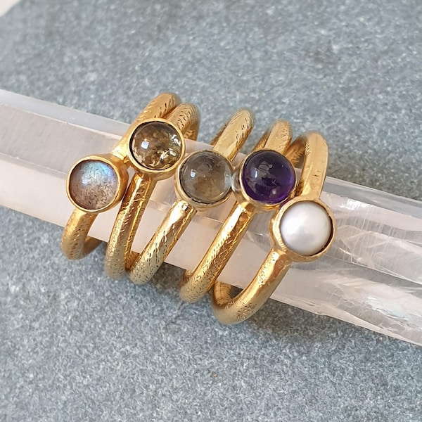 Gold Plated Brass Gemstone Dot Ring: Stackable Fair Trade Jewelry
