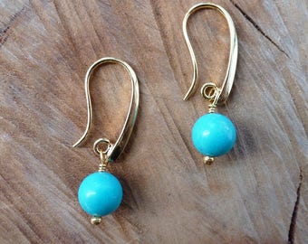 Turquoise Bead Gold Drop Earrings, turquoise earrings,Minimal turquoise earrings, simple turquoise earrings, hand made earrings turquoise