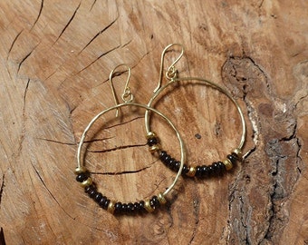 Black Recycled Glass And Brass Beads Hoop Earrings-Recycled Glass-Beads-Hoop Earrings-hand made bali earring recycled glass  sterling hooks