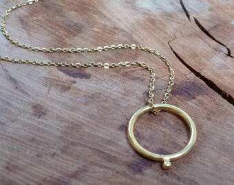 Minimal Gold Ring Pendant on a short chain gold plated , short round pendant for gift